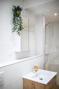 y baño con lavabo y espejo. en Distinct 2 bedroom Serviced Apartment 84m2 -VP2D- en Róterdam