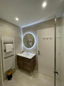 uma casa de banho com um lavatório e um chuveiro em Grand studio neuf à Carry le Rouet em Carry-le-Rouet