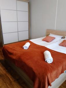 two beds with white sheets and red and white pillows at Apartament Warmińska in Barczewo