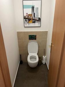 a bathroom with a toilet with a picture on the wall at Aneri Apartment Old Town in Bratislava
