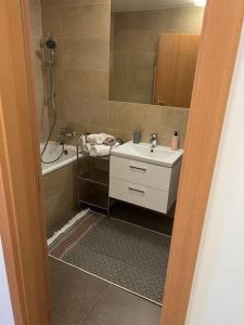 Aneri Apartment Old Town في براتيسلافا: حمام مع حوض وحوض استحمام