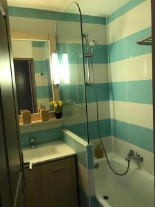 ein Bad mit einer Dusche, einem Waschbecken und einem Spiegel in der Unterkunft les étoiles between sea and stars in Cap d'Ail