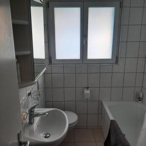 a bathroom with a sink and a tub and two windows at Business traveller's dream apartment in Bevaix