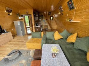 salon z zieloną kanapą i stołem w obiekcie Cozy cabin w mieście Tbilisi City