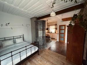 帕維洛斯塔的住宿－Pāvilostas Šīfermāja，一间卧室配有一张床,铺有木地板