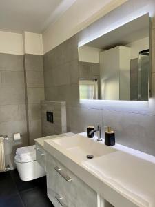 bagno con lavandino, specchio e servizi igienici di Melissa a Belluno