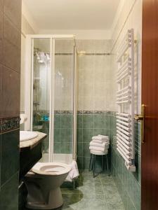a bathroom with a toilet and a shower and a sink at Hôtel Restaurant Atrachjata in Aléria