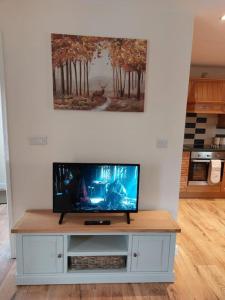 a tv sitting on a stand in a living room at The Chalet in Radstock