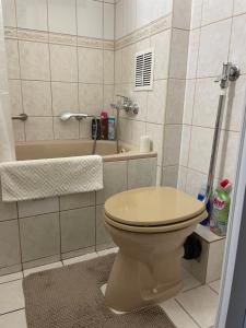 a bathroom with a toilet and a bath tub at Bemma Apartman in Budapest