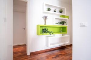 a living room with green and white shelves at Appartamento nel cuore della città in Livorno