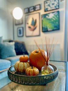 a tray with pumpkins on a table in a living room at Blueberry View-Wyndale-2BR Boutique Worcester in Worcester