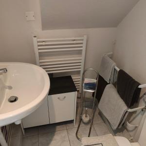 a bathroom with a white sink and a towel rack at Luthin's Home in Strasbourg