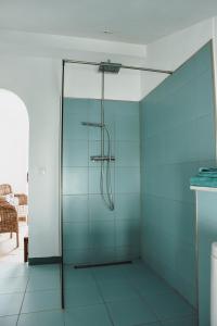 La salle de bains est pourvue d'une douche en verre et de carrelage bleu. dans l'établissement Lake room 2, à Iznájar