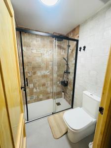 y baño con ducha, aseo y ducha. en Casa del palmar junior en Valencia
