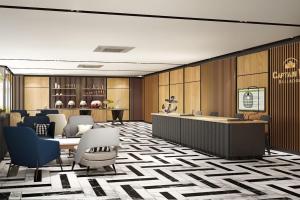 an office lobby with a reception desk and chairs at Bella B Hotel in Nonthaburi +59 photos