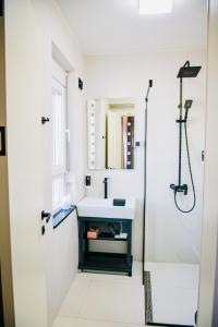 La salle de bains est pourvue d'un lavabo et d'une douche. dans l'établissement Templum apartments - Slavija square, à Belgrade