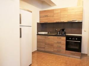 a kitchen with wooden cabinets and a white refrigerator at Bella Vera Apartments 2 in Limenas