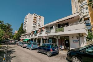 a row of cars parked on a street with buildings at Apartment Majstorovic Topla in Topla