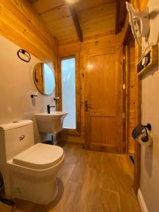 a bathroom with a white toilet and a sink at كوخ آفيري Aviary Hut in Al-ʿUla