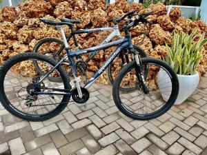 a bike parked in front of a pile of pine needles at homeland bro in Dar es Salaam