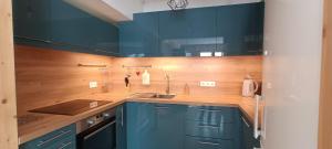 a kitchen with blue cabinets and a sink at Le Flory'lège in Saint-Gervais-les-Bains