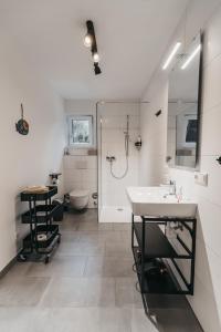 a bathroom with a sink and a shower and a toilet at Seeblick Homes in Fuschl am See