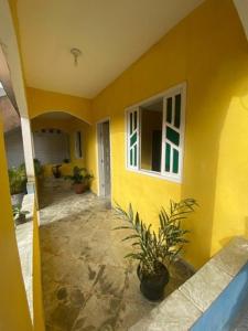 a yellow house with a potted plant in front of it at Maria Dajuda in Guarapari