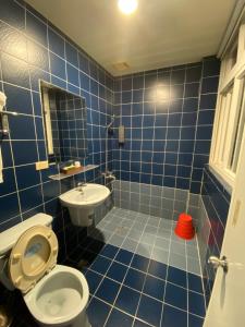 a blue tiled bathroom with a toilet and a sink at Rich Zone Hotel in Taipei