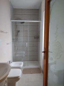 ein Bad mit einer Dusche, einem WC und einem Waschbecken in der Unterkunft Rua dell'arco n.11 in Ascoli Piceno