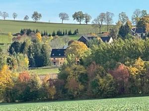una casa in mezzo a un campo con alberi di Ferienwohnung Sonnenhof a Ammelsdorf