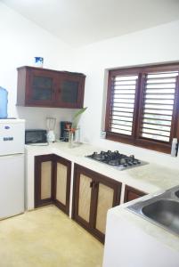 uma cozinha com um lavatório e um fogão em Bungalow de Ballenas em Punta Balandra