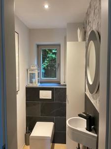 a bathroom with a white toilet and a sink at See- und Bergblick in Bestlage am Tegernsee in Tegernsee