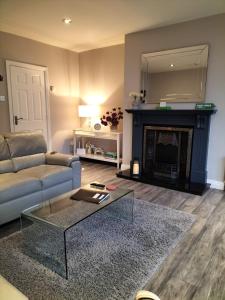a living room with a couch and a fireplace at Dolmen Apartment Carlingford Lough,Omeath in Ó Méith