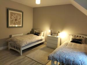 1 dormitorio con 2 camas y vestidor con 1 cama doble en Dolmen Apartment Carlingford Lough,Omeath en Ó Méith