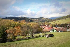 un campo verde con un pueblo a lo lejos en Chata Dáša, en Vyšný Kubín
