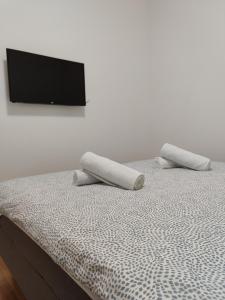 een bed met twee kussens en een televisie aan de muur bij Citadela apartment Novi Sad in Petrovaradin