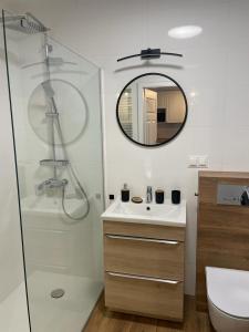 a bathroom with a shower and a sink and a mirror at The Botanic Corner Apartment in Wrocław