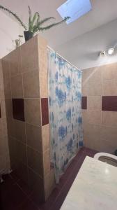 łazienka z toaletą i ścianą wyłożoną kafelkami w obiekcie Casa con vista a la salida del sol w mieście La Cumbre