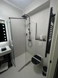 La salle de bains est pourvue d'une douche avec une porte en verre. dans l'établissement Templum apartments - Slavija square, à Belgrade