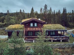une grande maison en rondins avec un toit en gazon dans l'établissement Grand cabin Nesfjellet lovely view Jacuzzi sauna, à Nes i Ådal