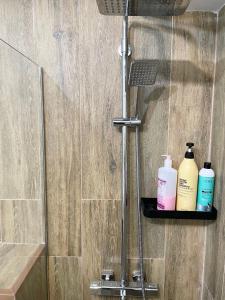 eine Dusche mit zwei Flaschen Seife auf einem Regal in der Unterkunft Apartment on KShT in Öskemen
