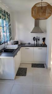 eine weiße Küche mit einer Spüle und einer Mikrowelle in der Unterkunft Villa Creole alamanda 2 in Petite Île