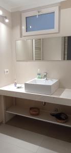 uma casa de banho com um lavatório branco e um espelho. em Villa Natura appartamento Open Space con giardino em Trento