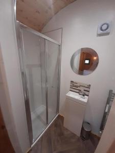 a bathroom with a shower and a sink at Shepherds Hut with hot tub on Anglesey North Wales in Gwalchmai