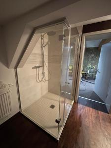 uma cabina de duche em vidro num quarto em Villa Prestige em Zeitz