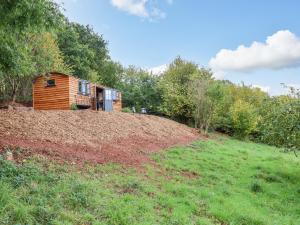 a small wooden cabin on a hill with trees at Hideaway Cabin in Exeter