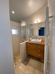 uma casa de banho com um lavatório e um espelho em Maison de ville entre amis ou en famille em Castelnau-le-Lez