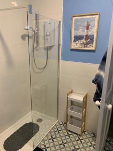 baño con ducha y puerta de cristal en The Princess Flat, Helensburgh. en Helensburgh