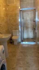 a bathroom with a shower and a toilet and a sink at Shark SeaView Villa in Şarköy