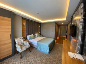 Habitación de hotel con cama, silla y TV en Green Prusa Hotel, en Bursa